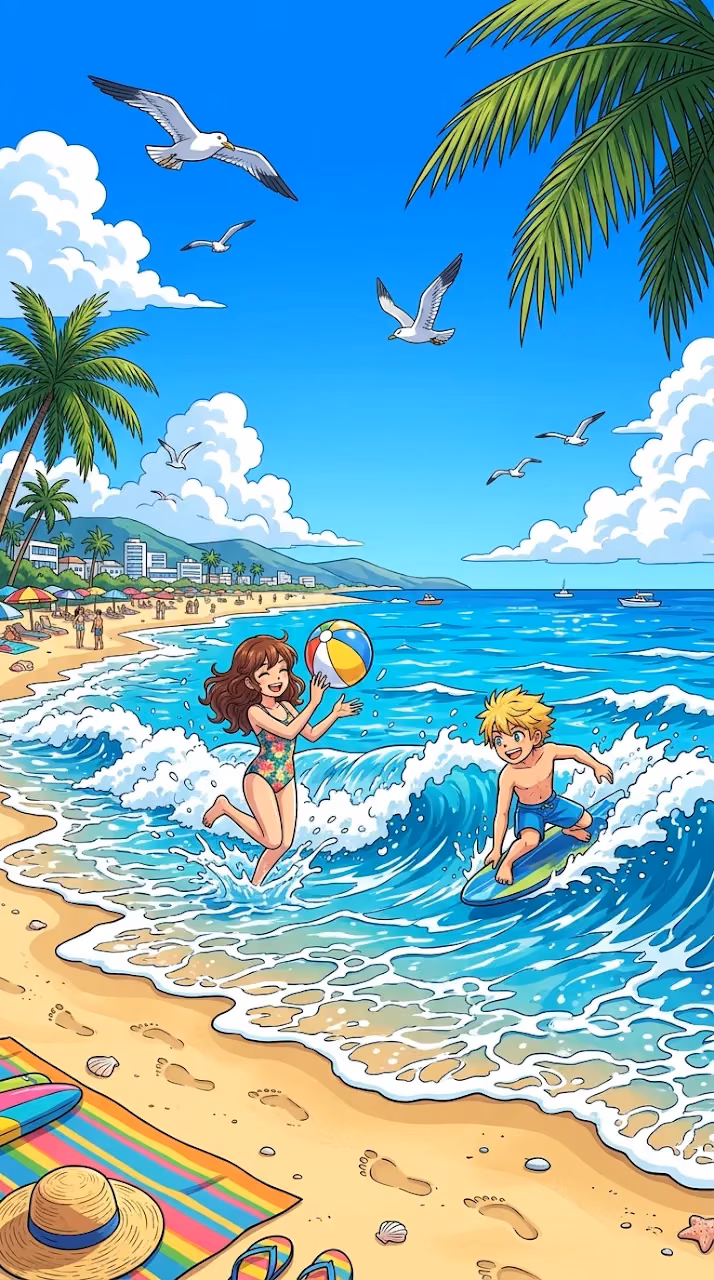 Anime Style Summer Beach with Golden Sand and Ocean Waves - Free Mobile AMOLED Wallpaper Background