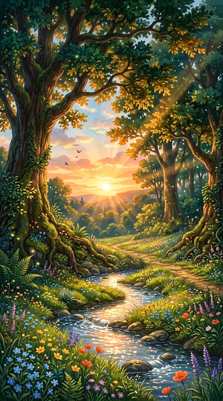 Download Anime Style Sunlit Forest Glade with Sparkling Stream Wallpaper in Mobile HD Anime Style Sunlit Forest Glade with Sparkling Stream - Free Mobile AMOLED Wallpaper Background