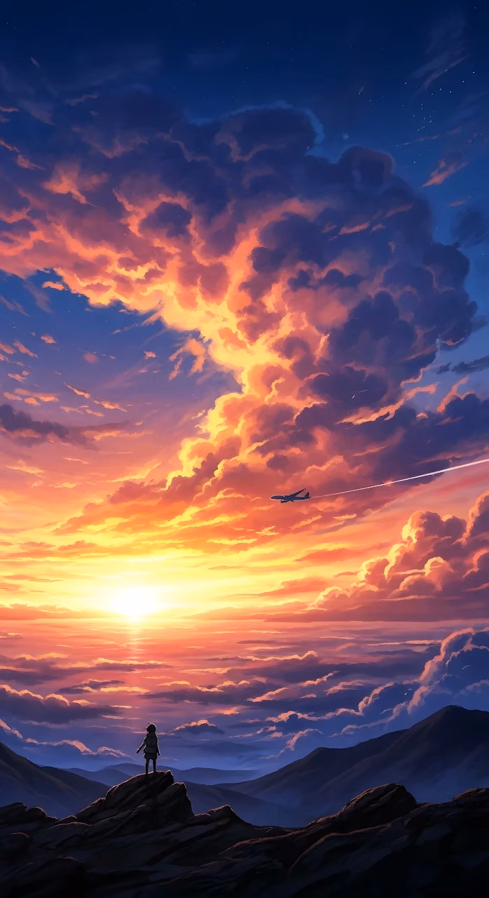 Anime Style Sunset Over Cloudscape and Mountain Peaks - Free Mobile AMOLED Wallpaper Background