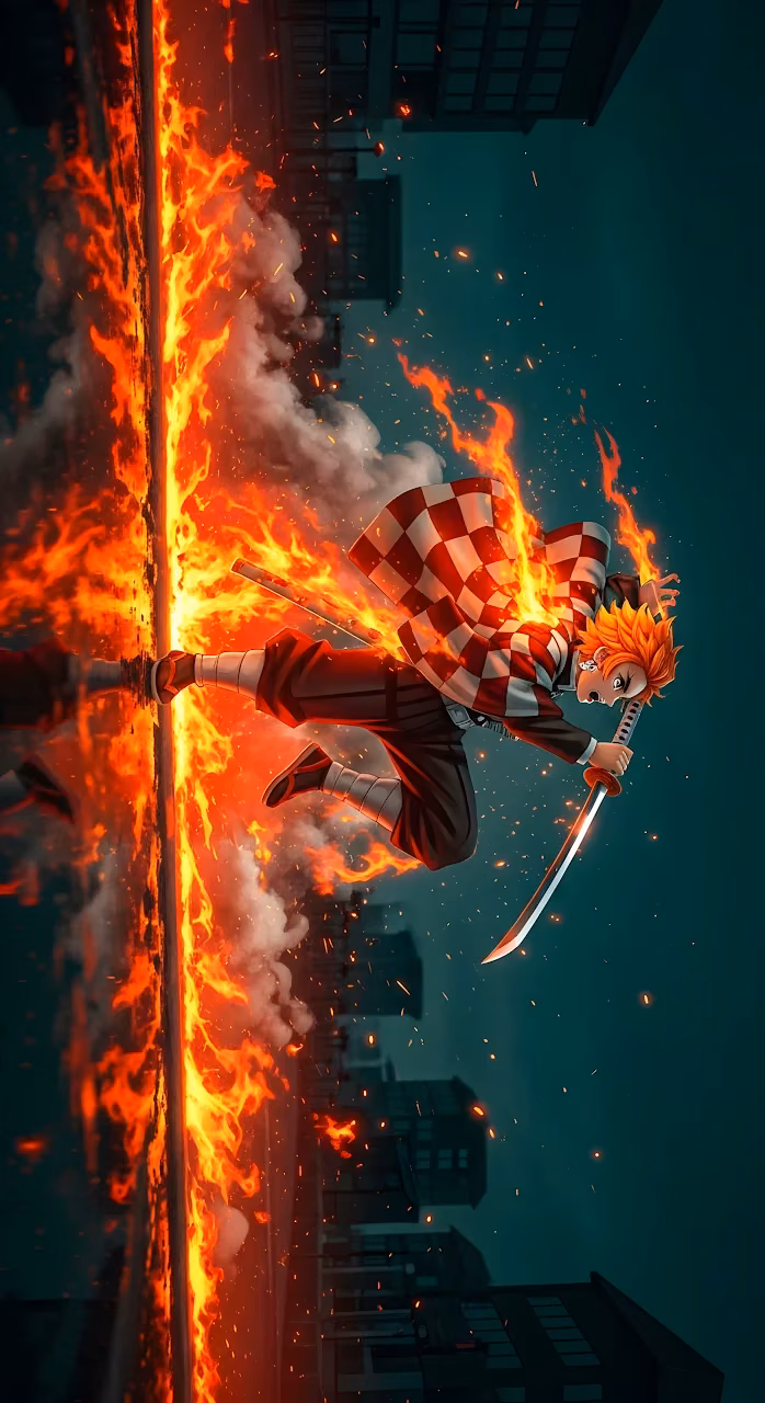 Anime Swordsman Fire Breath Attack City Action Scene - Free Mobile AMOLED Wallpaper Background
