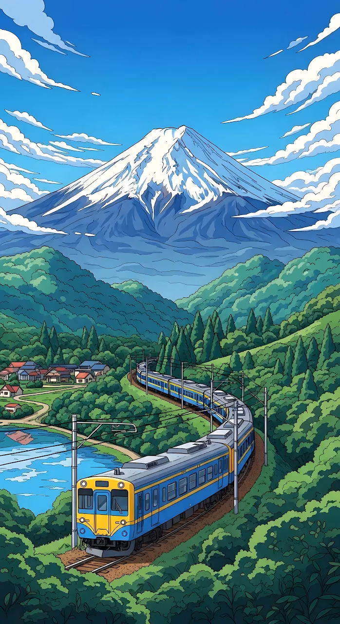 Anime Train Journey Past Mount Fuji in Lush Green Valley - Free Mobile AMOLED Wallpaper Background