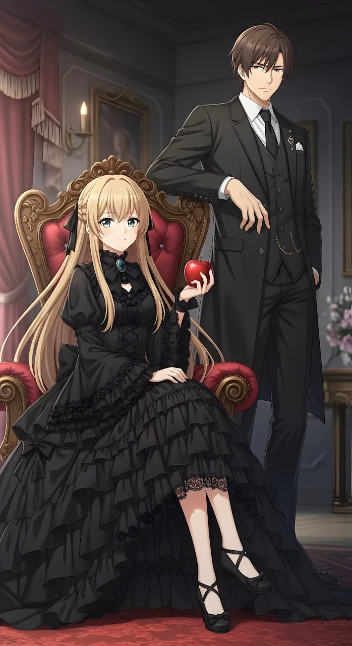 Anime Victorian Couple in Gothic Black Dress and Tuxedo - Free Mobile AMOLED Wallpaper Background
