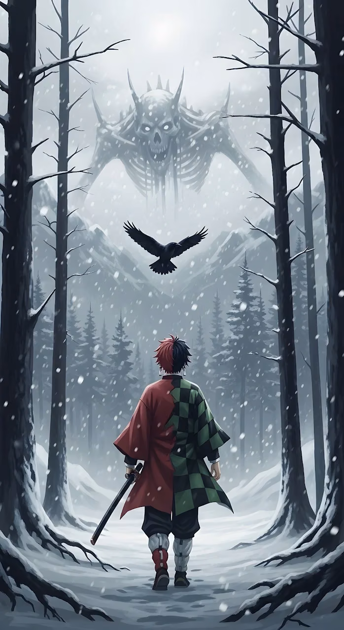 Anime Warrior Faces Giant Skeleton Monster in Snowy Forest - Free Mobile AMOLED Wallpaper Background