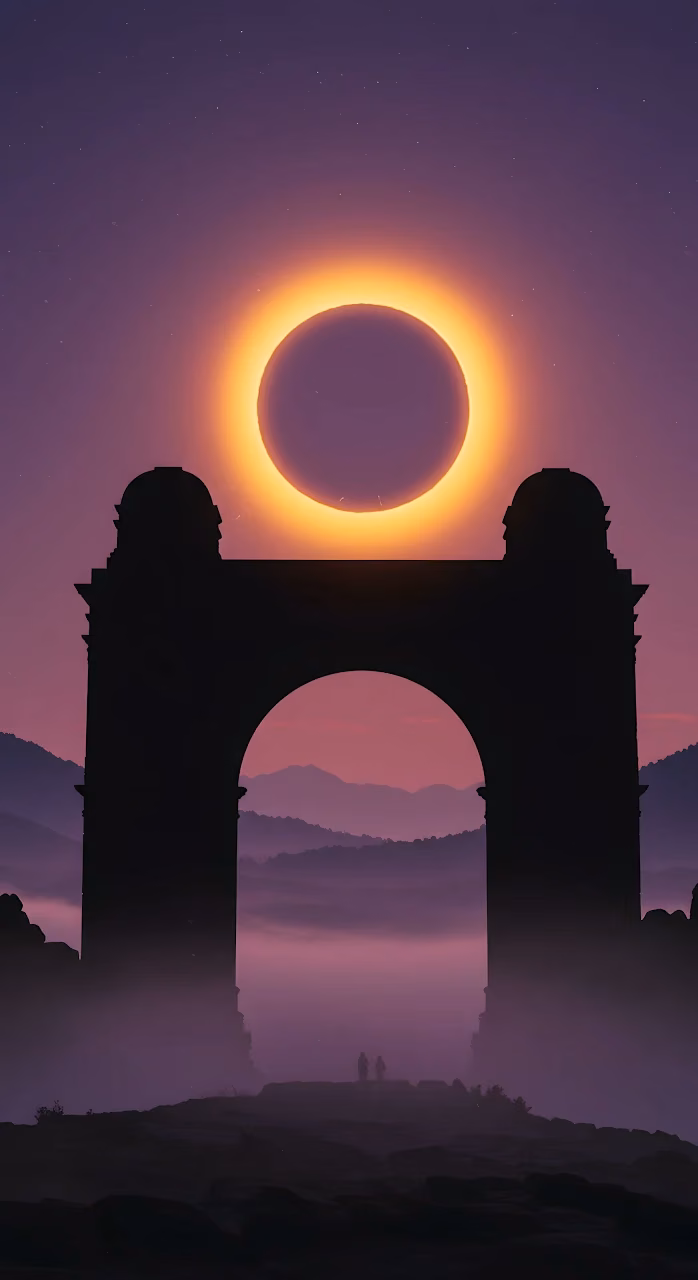 Annular Eclipse Over Ancient Stone Archway Ruins - Free Mobile AMOLED Wallpaper Background
