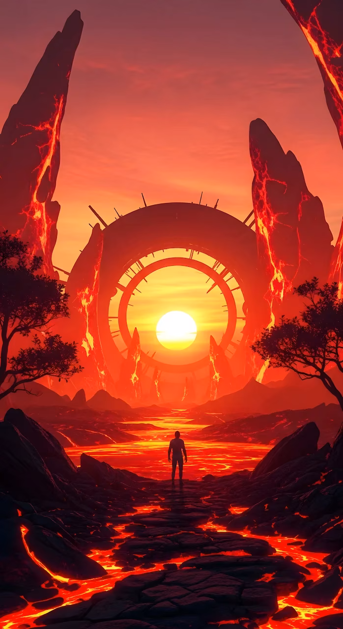 Apocalyptic Lava Landscape with Portal and Lone Figure - Free Mobile AMOLED Wallpaper Background