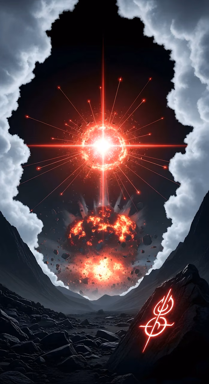 Apocalyptic Red Explosion Over a Dark Mountain Valley - Free Mobile AMOLED Wallpaper Background