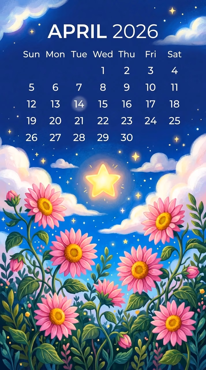 April 2026 Calendar with Pink Floral Illustration and Blue Sky Background - Free Mobile AMOLED Wallpaper Background