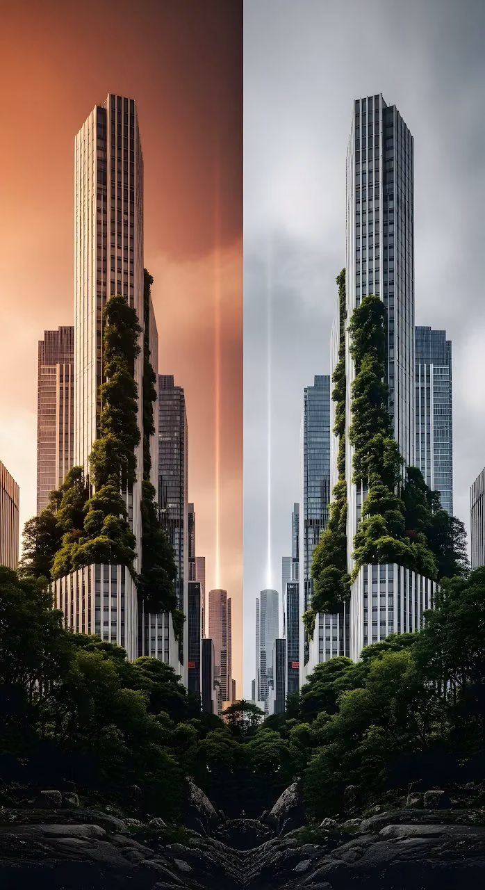 Architectural Split of Green Skyscrapers and Rocky Forest - Free Mobile AMOLED Wallpaper Background