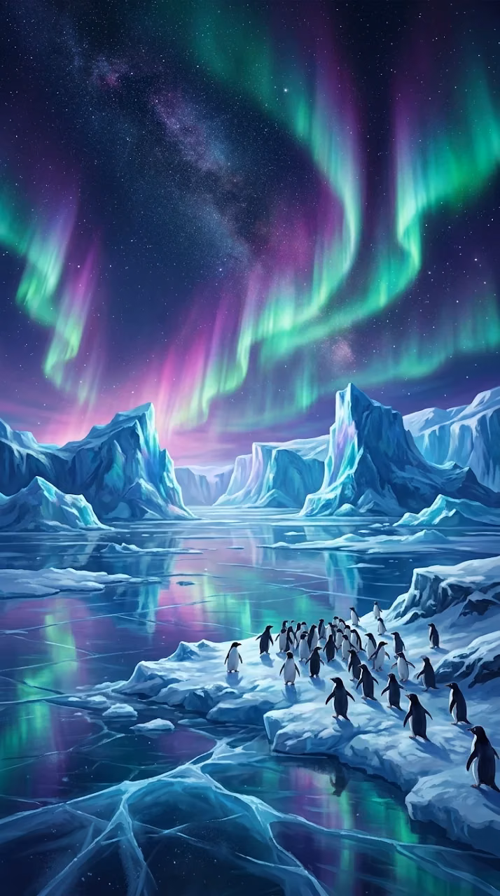 Arctic Landscape with Northern Lights Icebergs and Penguins - Free Mobile AMOLED Wallpaper Background