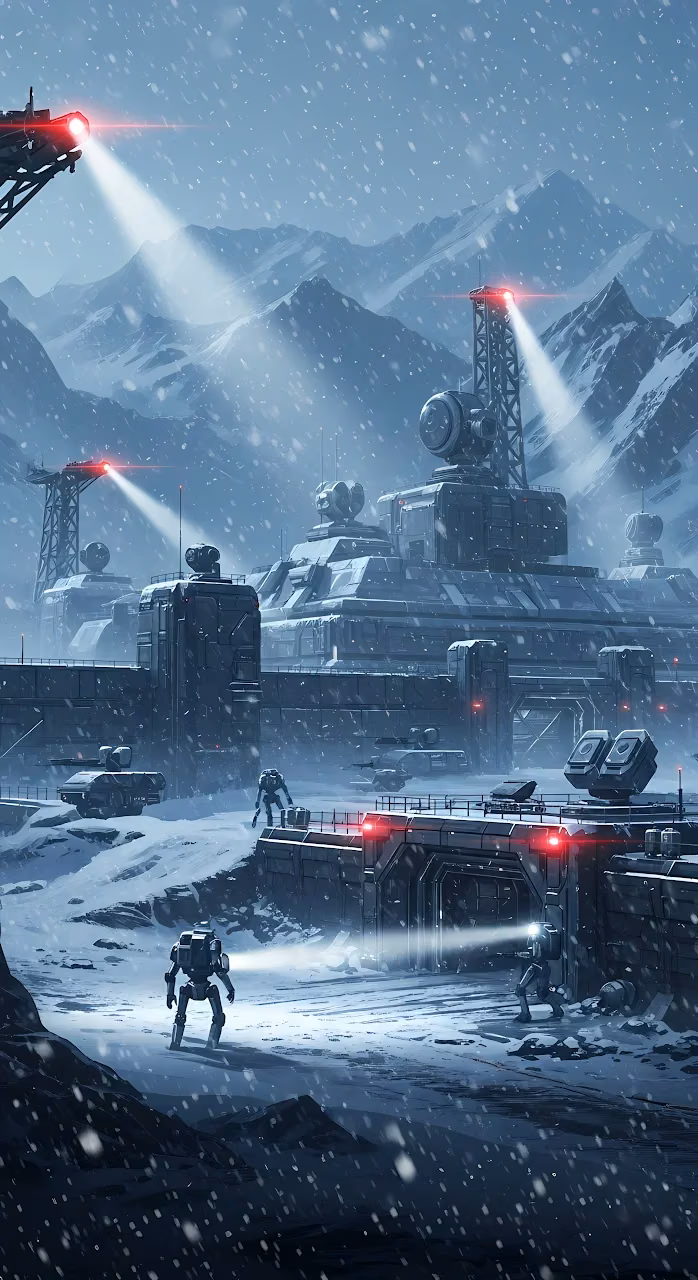 Download Arctic Military Base in Snowstorm with Patrol Mechs Wallpaper in Mobile HD Arctic Military Base in Snowstorm with Patrol Mechs - Free Mobile AMOLED Wallpaper Background
