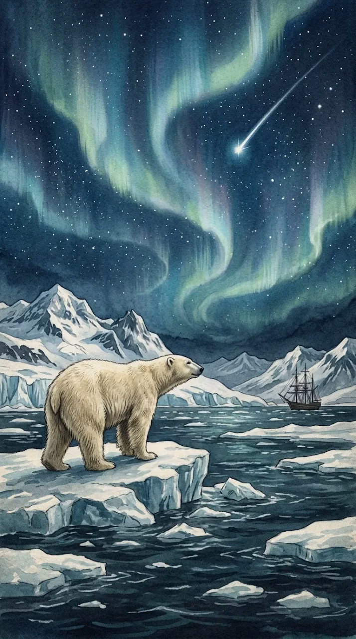 Arctic Twilight with Northern Lights and Polar Bear - Free Mobile AMOLED Wallpaper Background