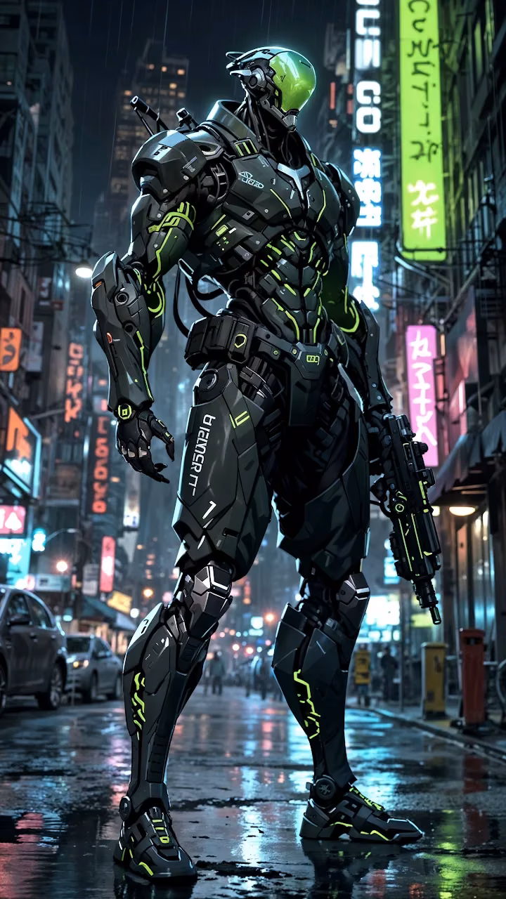 Download Armored Cyborg with Gun in Neon Cyberpunk City Wallpaper in Mobile HD Armored Cyborg with Gun in Neon Cyberpunk City - Free Mobile AMOLED Wallpaper Background