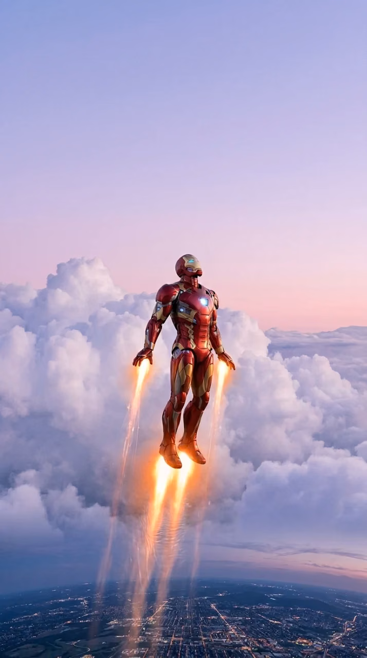 Download Armored Hero Soaring Above Soft Pink and Purple Sunset Clouds Wallpaper in Mobile HD Armored Hero Soaring Above Soft Pink and Purple Sunset Clouds - Free Mobile AMOLED Wallpaper Background