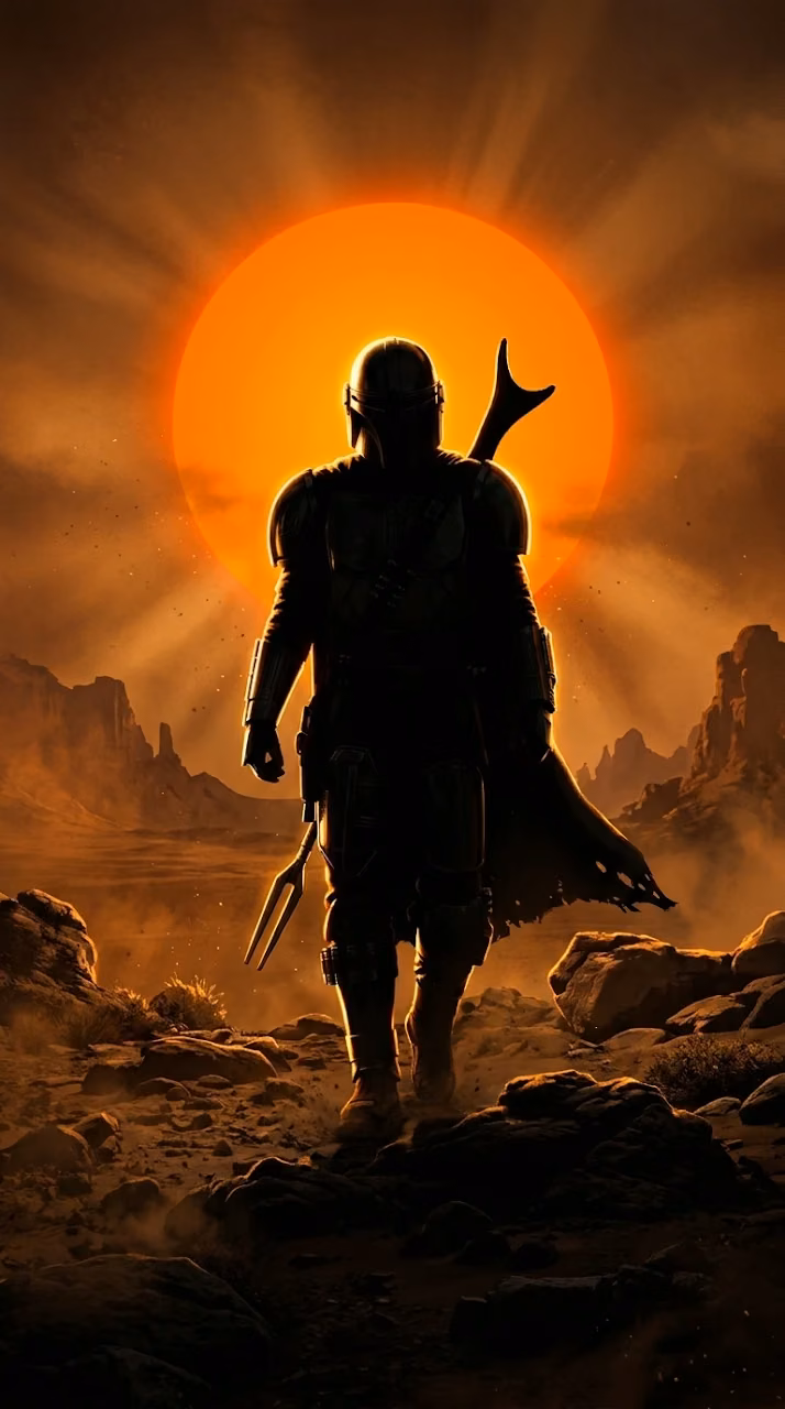 Download Armored Warrior Walking Through Desert Toward a Giant Sun Wallpaper in Mobile HD Armored Warrior Walking Through Desert Toward a Giant Sun - Free Mobile AMOLED Wallpaper Background