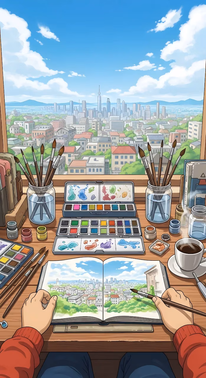Artist Painting Cityscape View from Studio Window - Free Mobile AMOLED Wallpaper Background