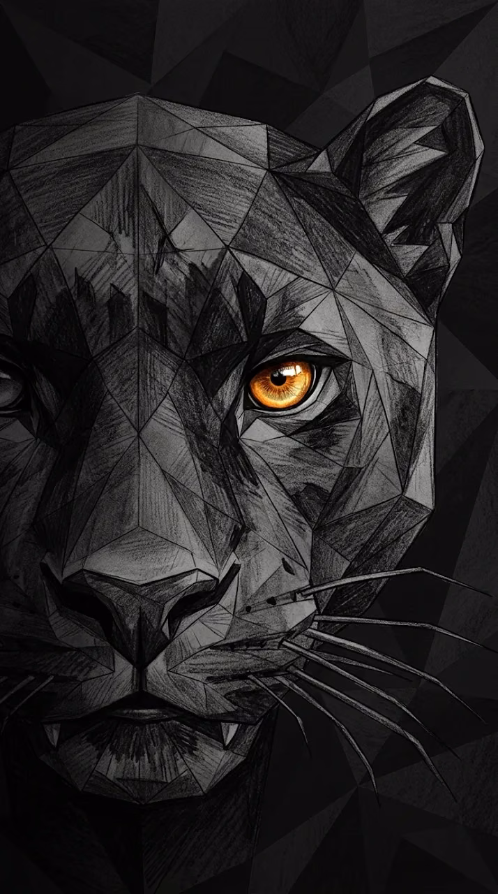 Artistic Closeup of Low-Poly Dark Panther Face with Glowing Amber Eye - Free Mobile AMOLED Wallpaper Background