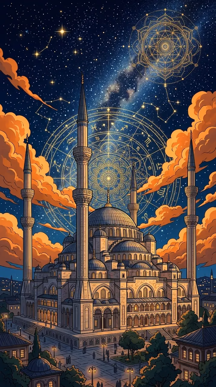Artistic Istanbul Mosque Illustration with Orange Sunset Clouds - Free Mobile AMOLED Wallpaper Background