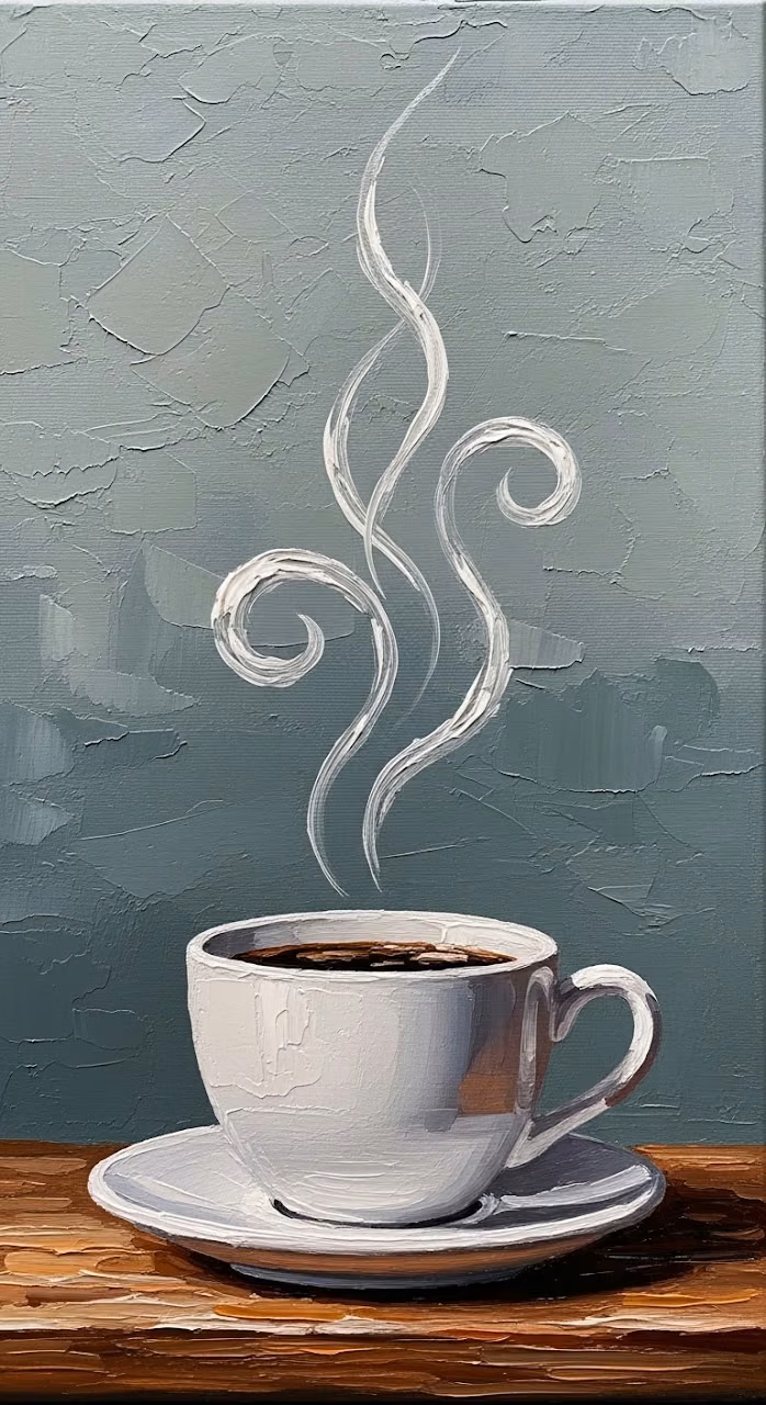 Download Artistic Oil Painting of Steaming Coffee Cup on Saucer Wallpaper in Mobile HD Artistic Oil Painting of Steaming Coffee Cup on Saucer - Free Mobile AMOLED Wallpaper Background