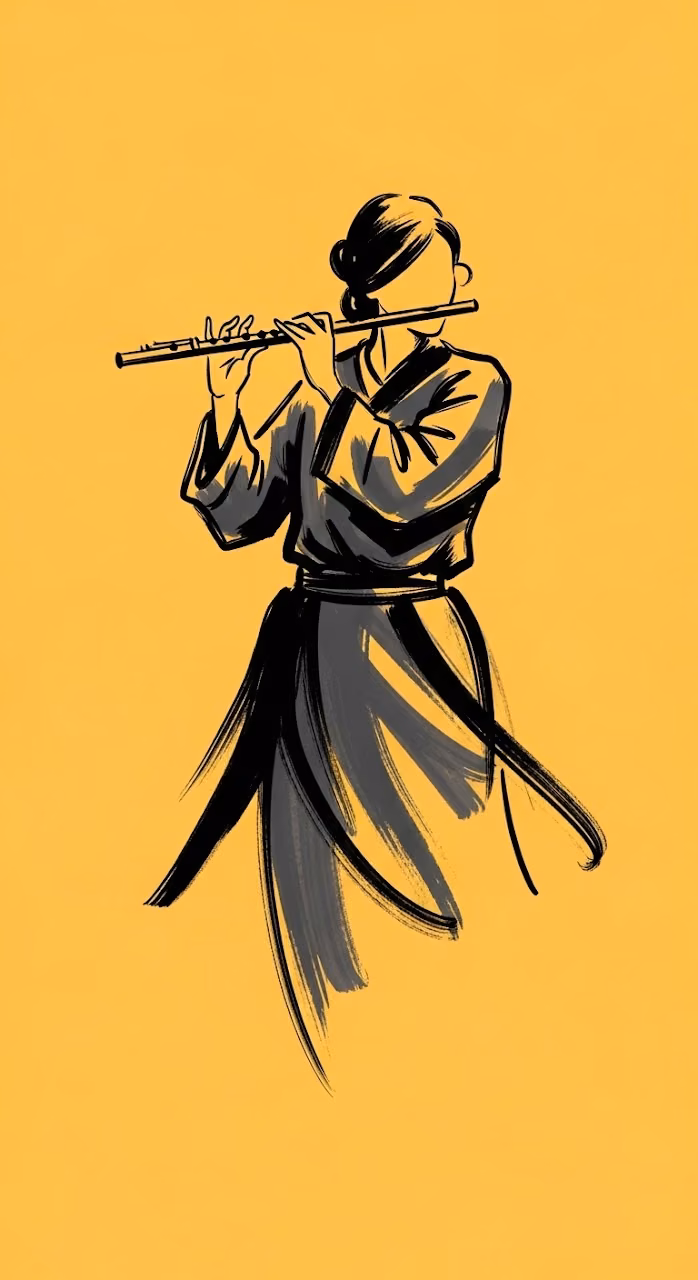 Artistic Sketch of Krishna Playing Flute on Yellow Background - Free Mobile AMOLED Wallpaper Background