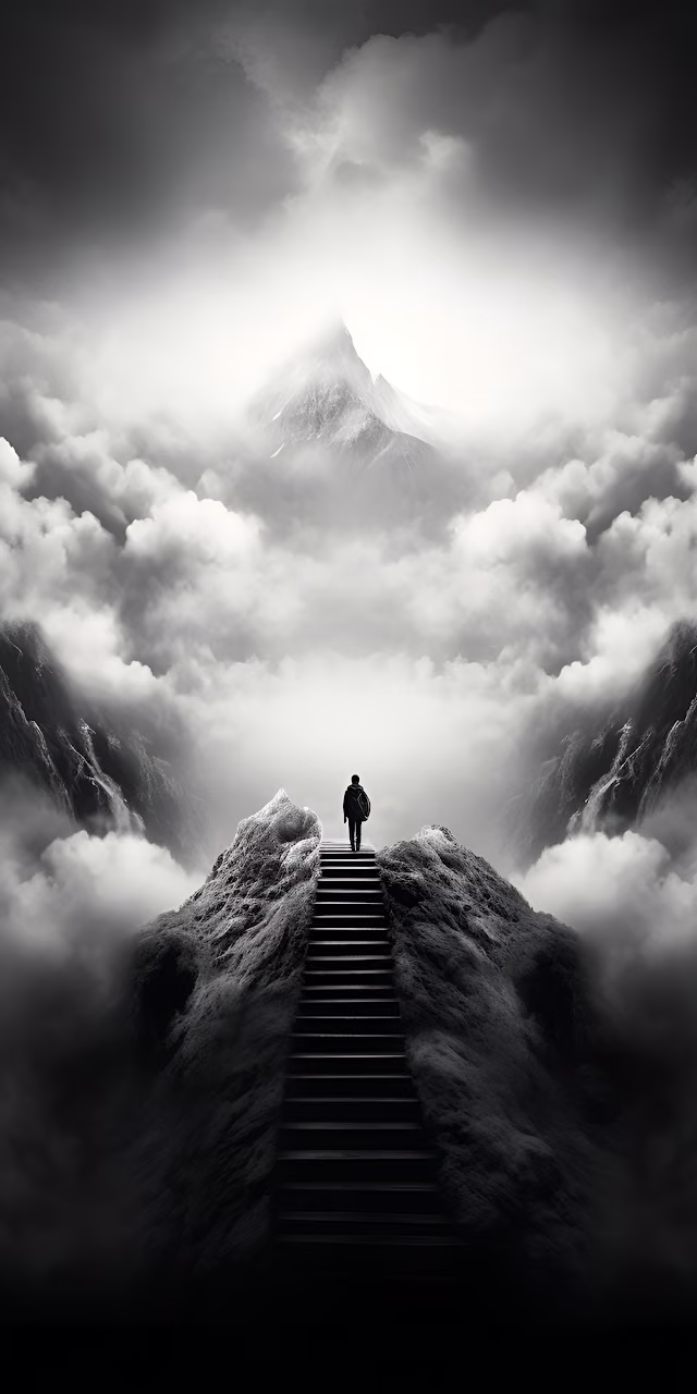 Ascent to Peak Stairs Epic Mountain Journey Art - Free Mobile AMOLED Wallpaper Background