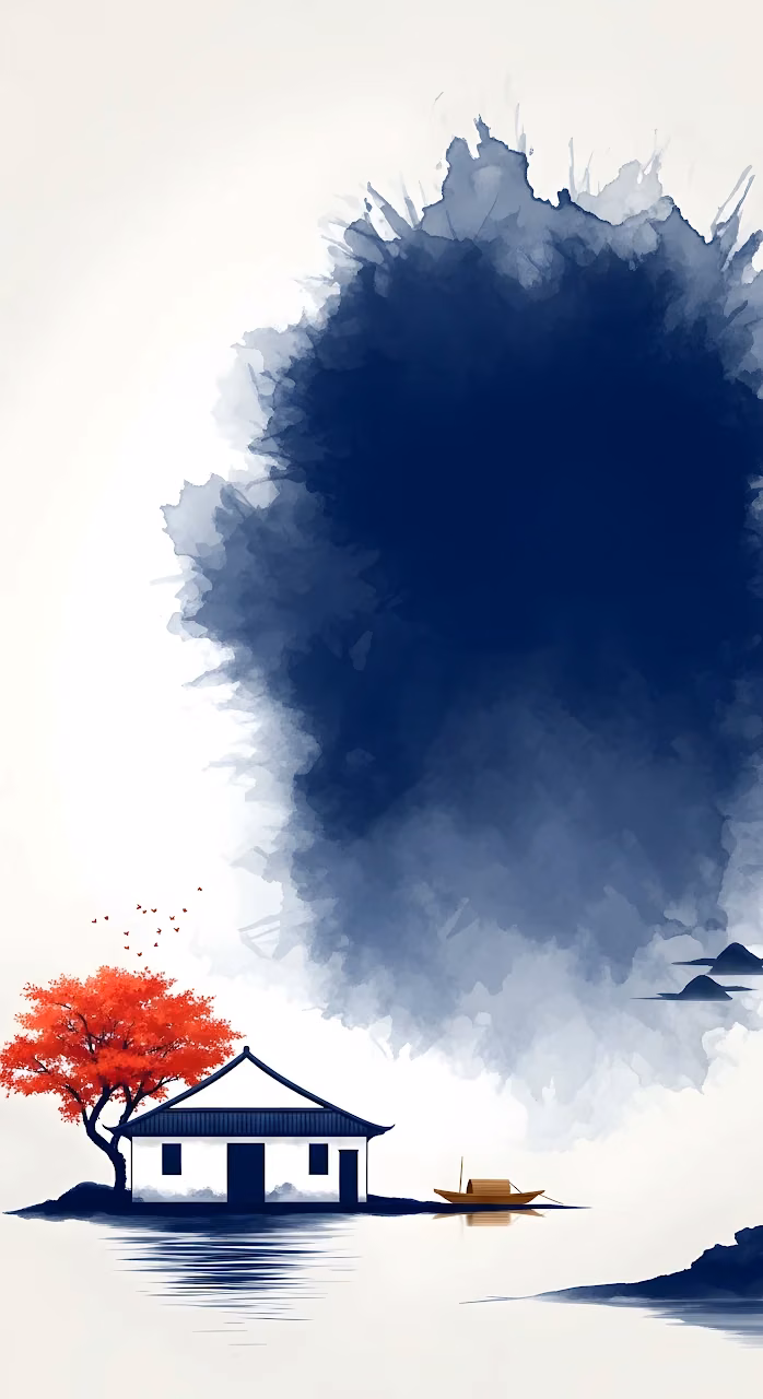 Asian Ink Wash Art Red Tree Traditional House - Free Mobile AMOLED Wallpaper Background