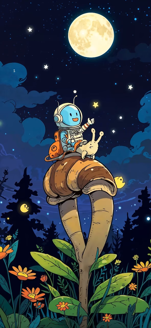 Download Astronaut and Alien on Giant Mushroom Under Full Moon Wallpaper in Mobile HD Astronaut and Alien on Giant Mushroom Under Full Moon - Free Mobile AMOLED Wallpaper Background