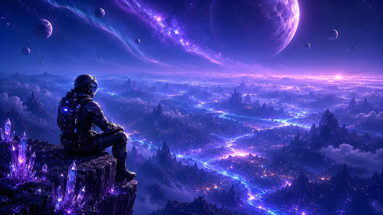 Download Astronaut Alien Planet Purple Crystal Vista 4K Wallpaper in 4K UHD Astronaut in a space suit sitting on a cliff overlooking a glowing purple landscape with giant moons.