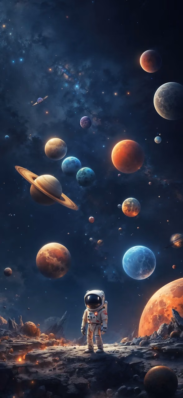 Astronaut Among Floating Planets in Deep Space - Free Mobile AMOLED Wallpaper Background