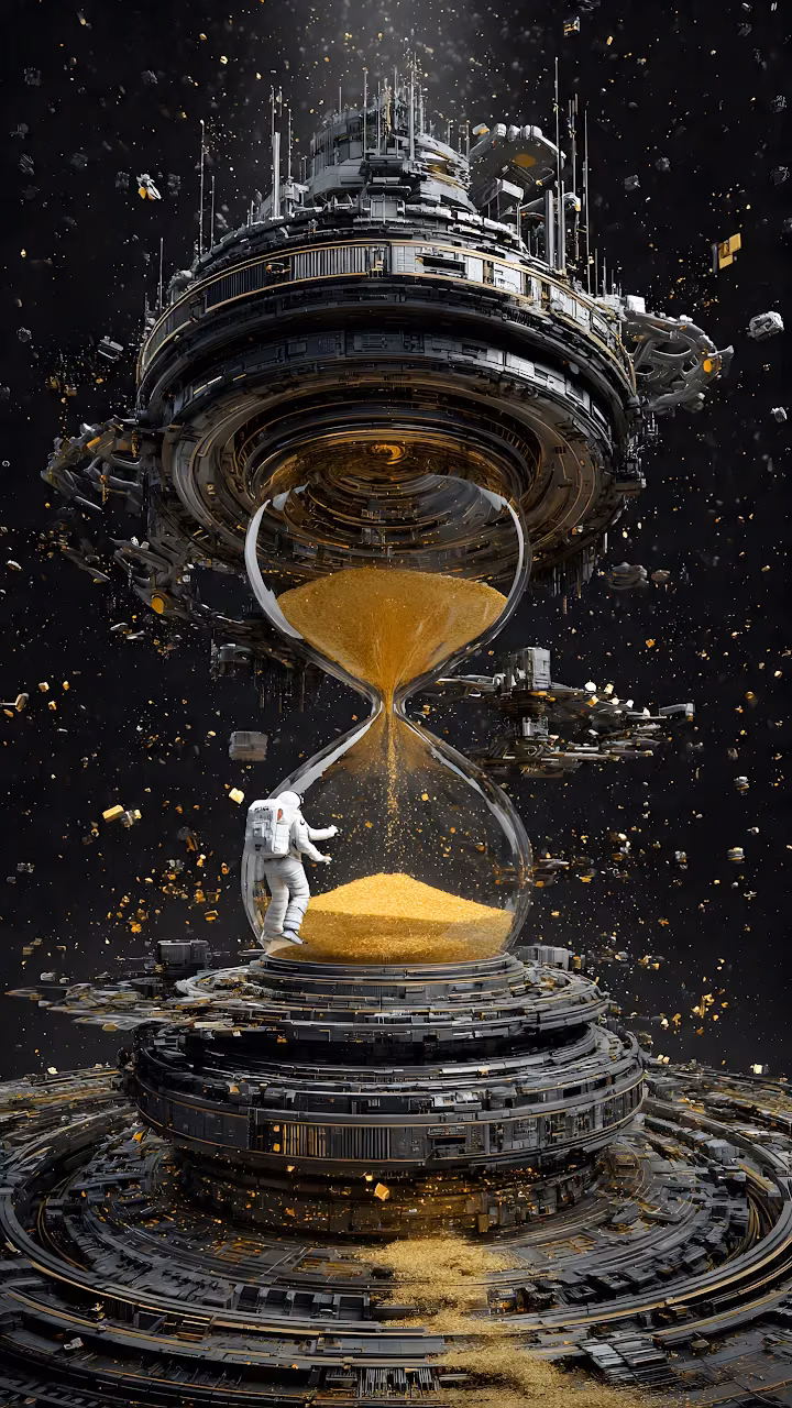 Astronaut in Cosmic Hourglass Time Machine Sculpture - Free Mobile AMOLED Wallpaper Background