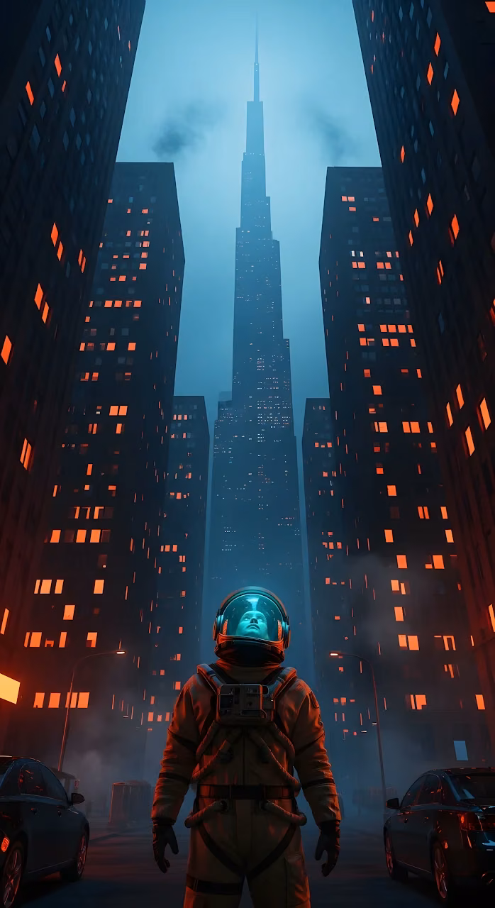 Astronaut in Cyberpunk Cityscape Under Neon Blue Sky - Free Mobile AMOLED Wallpaper Background