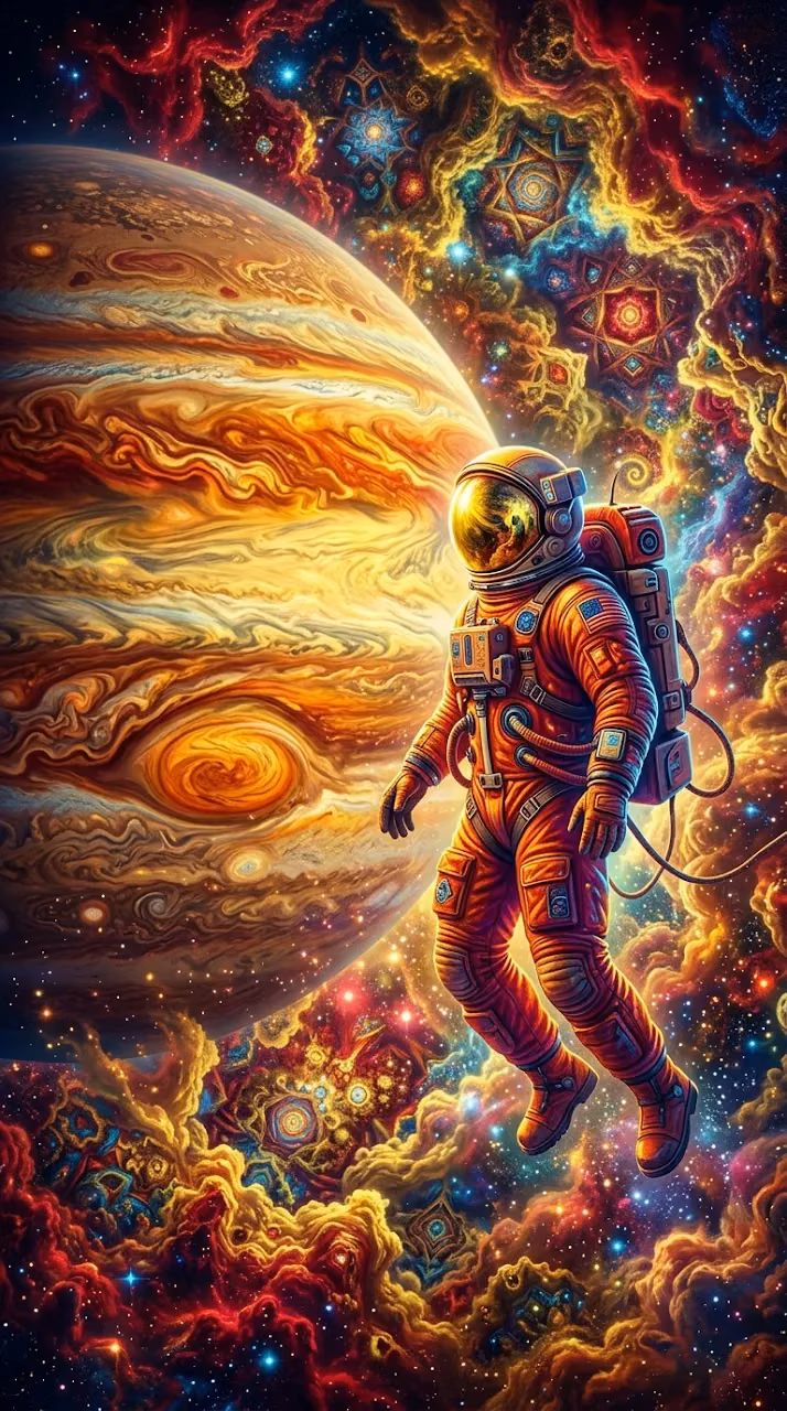 Astronaut Drifting Near a Vibrant Gas Giant Planet - Free Mobile AMOLED Wallpaper Background