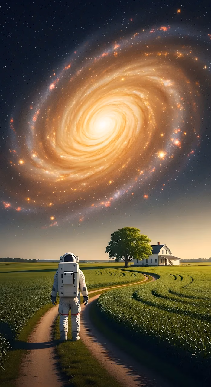 Astronaut on Earth Farm Field Gazing at Golden Spiral Galaxy - Free Mobile AMOLED Wallpaper Background