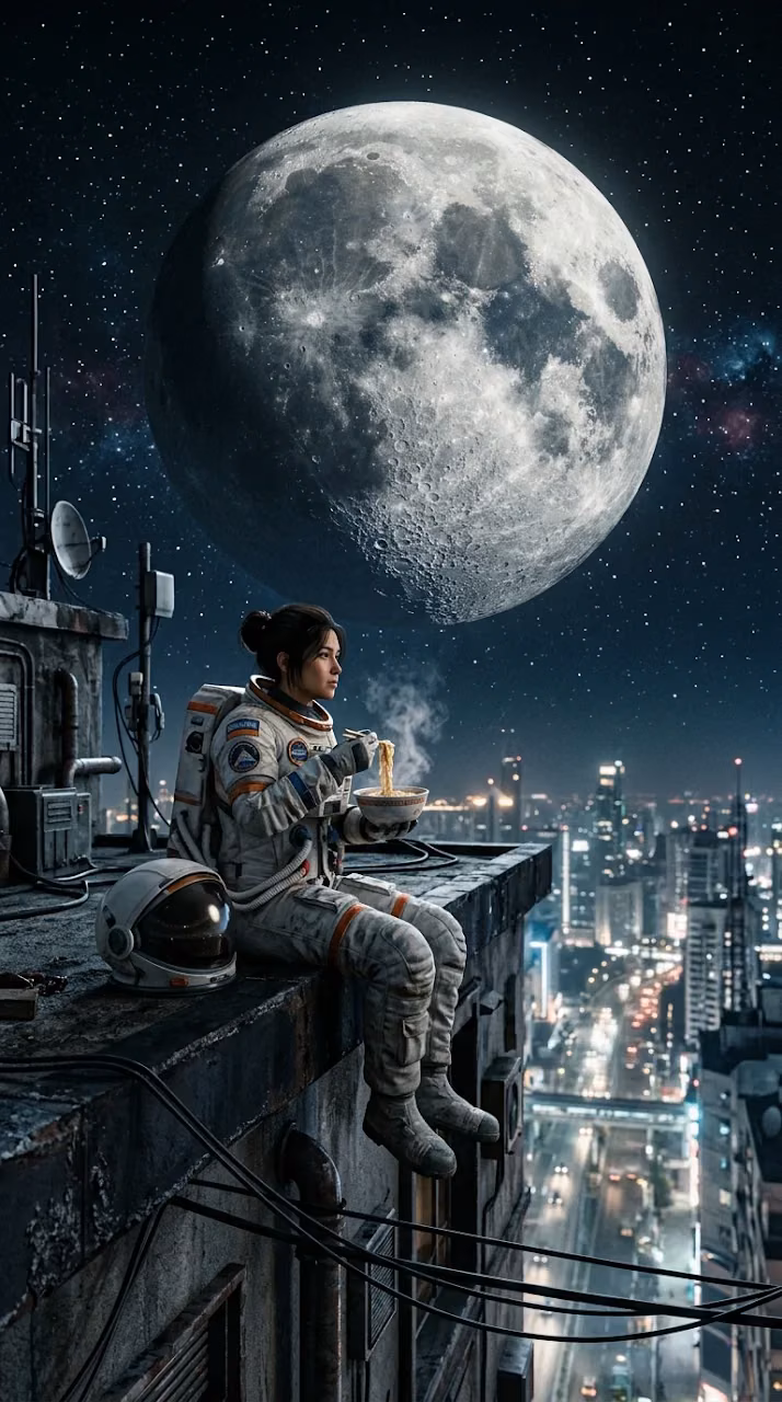 Download Astronaut Eating Noodles on Rooftop Under Giant Moon Wallpaper in Mobile HD Astronaut Eating Noodles on Rooftop Under Giant Moon - Free Mobile AMOLED Wallpaper Background