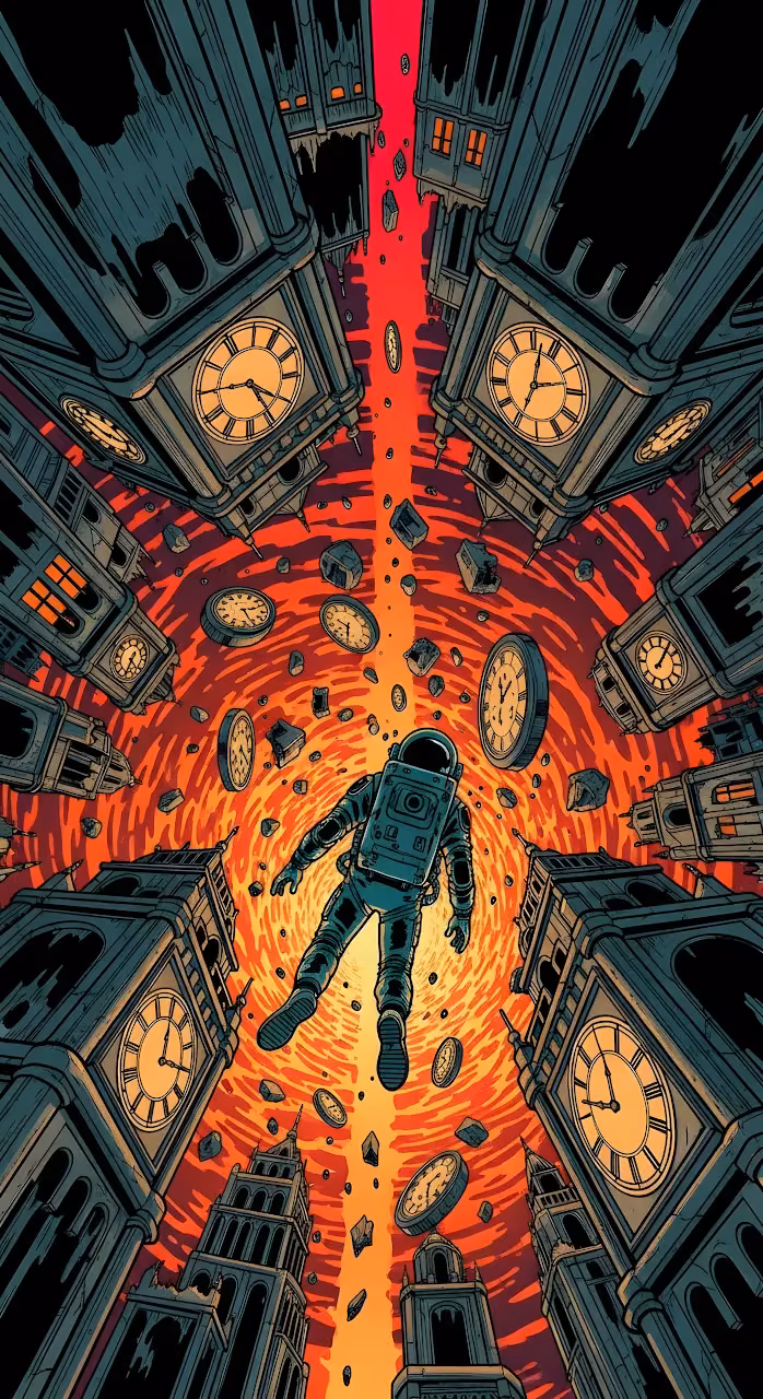 Astronaut Falling Through Time Vortex Clock Towers Comic Art - Free Mobile AMOLED Wallpaper Background