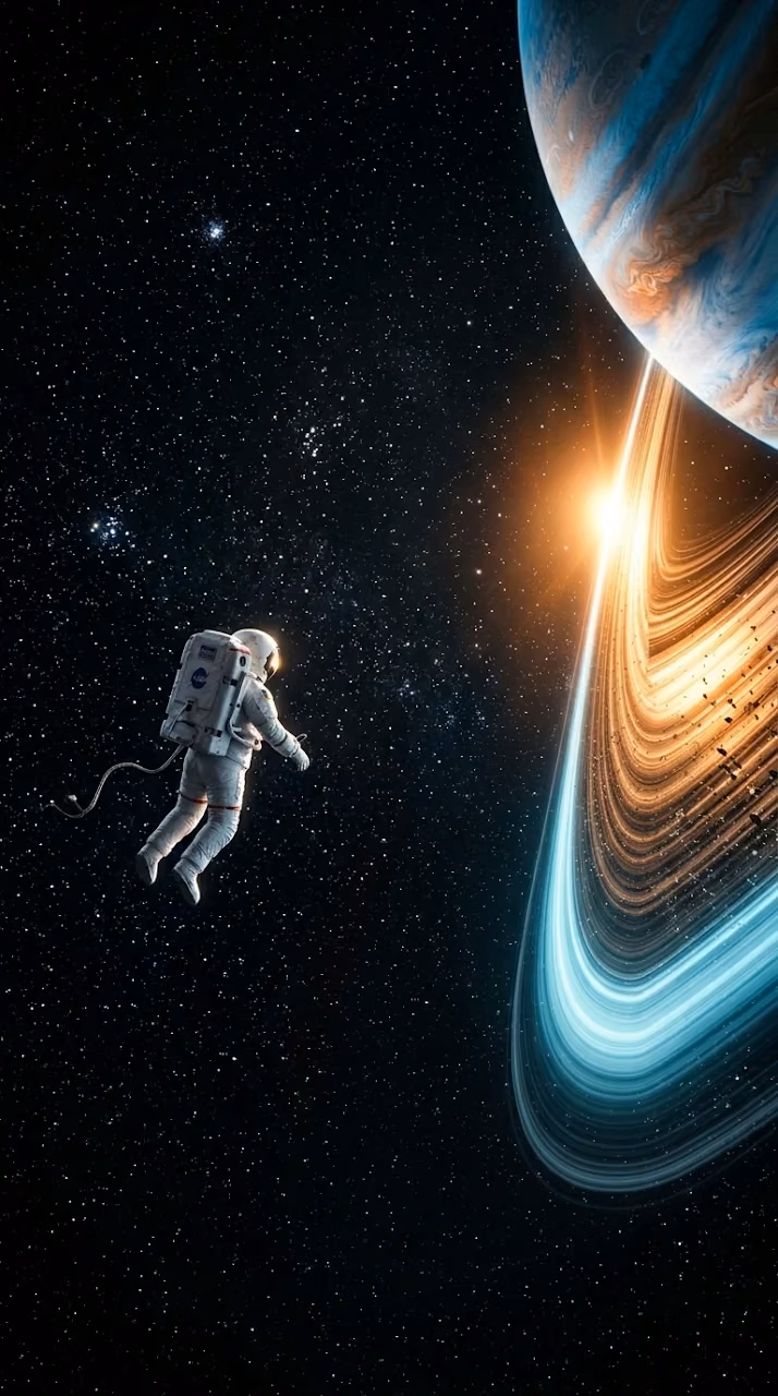 Astronaut Floating next to Giant Planetary Ring of Light - Free Mobile AMOLED Wallpaper Background