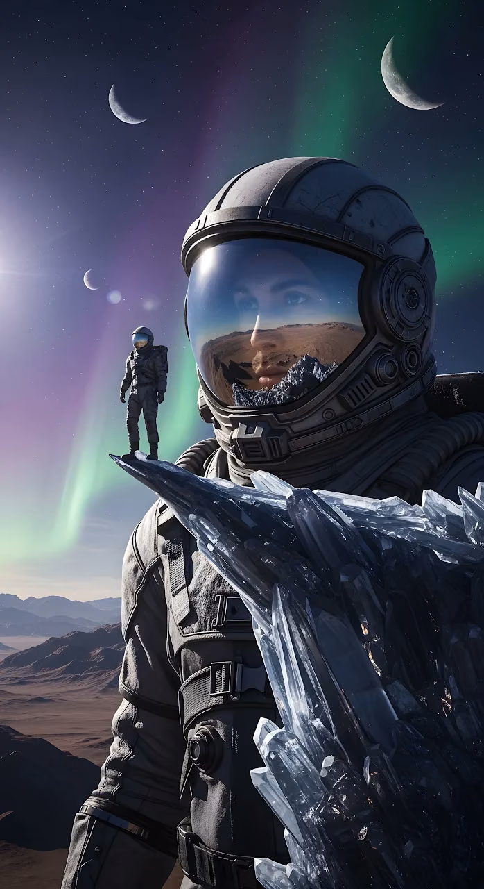 Astronaut Holding Giant Crystals on Aurora Planet - Free Mobile AMOLED Wallpaper Background