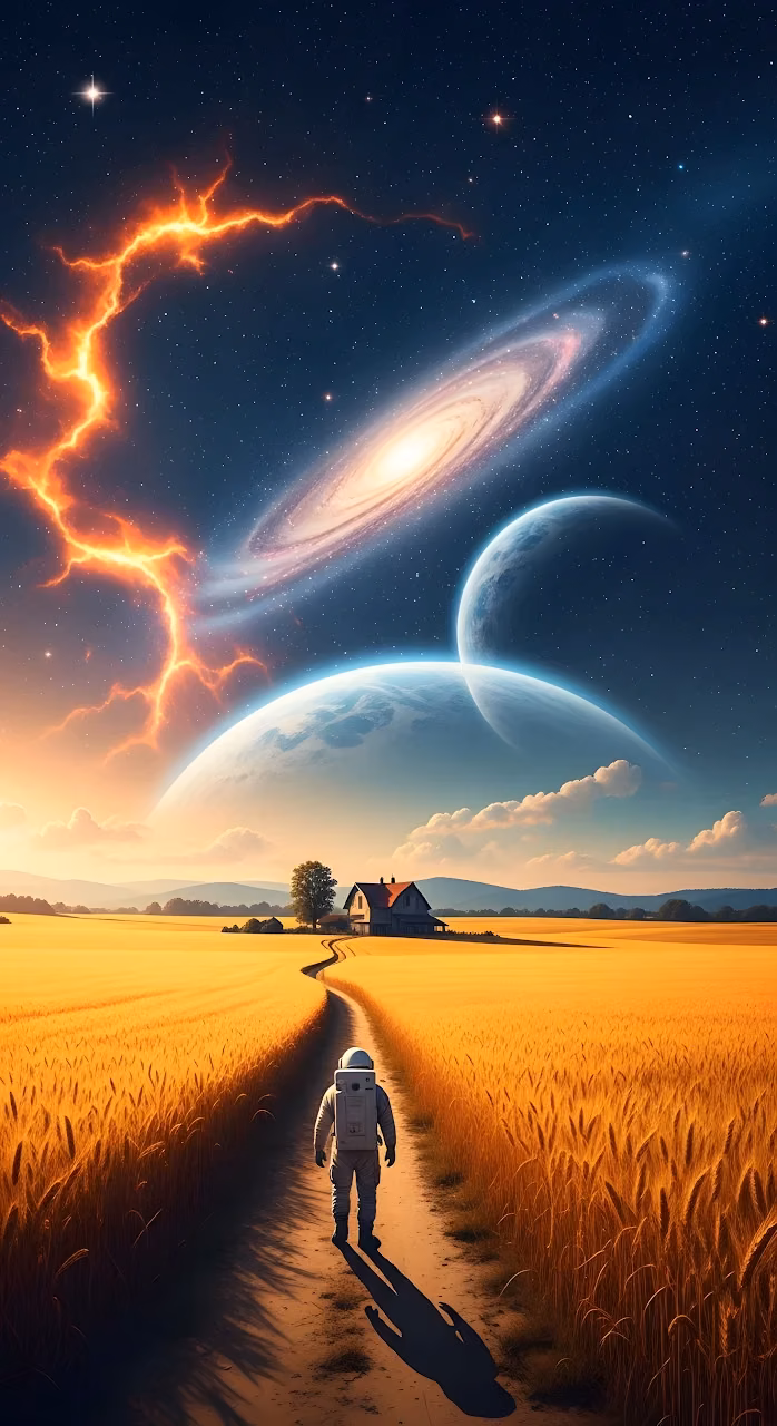 Download Astronaut Journeying Through Golden Field Under Cosmic Storm Wallpaper in Mobile HD Astronaut Journeying Through Golden Field Under Cosmic Storm - Free Mobile AMOLED Wallpaper Background