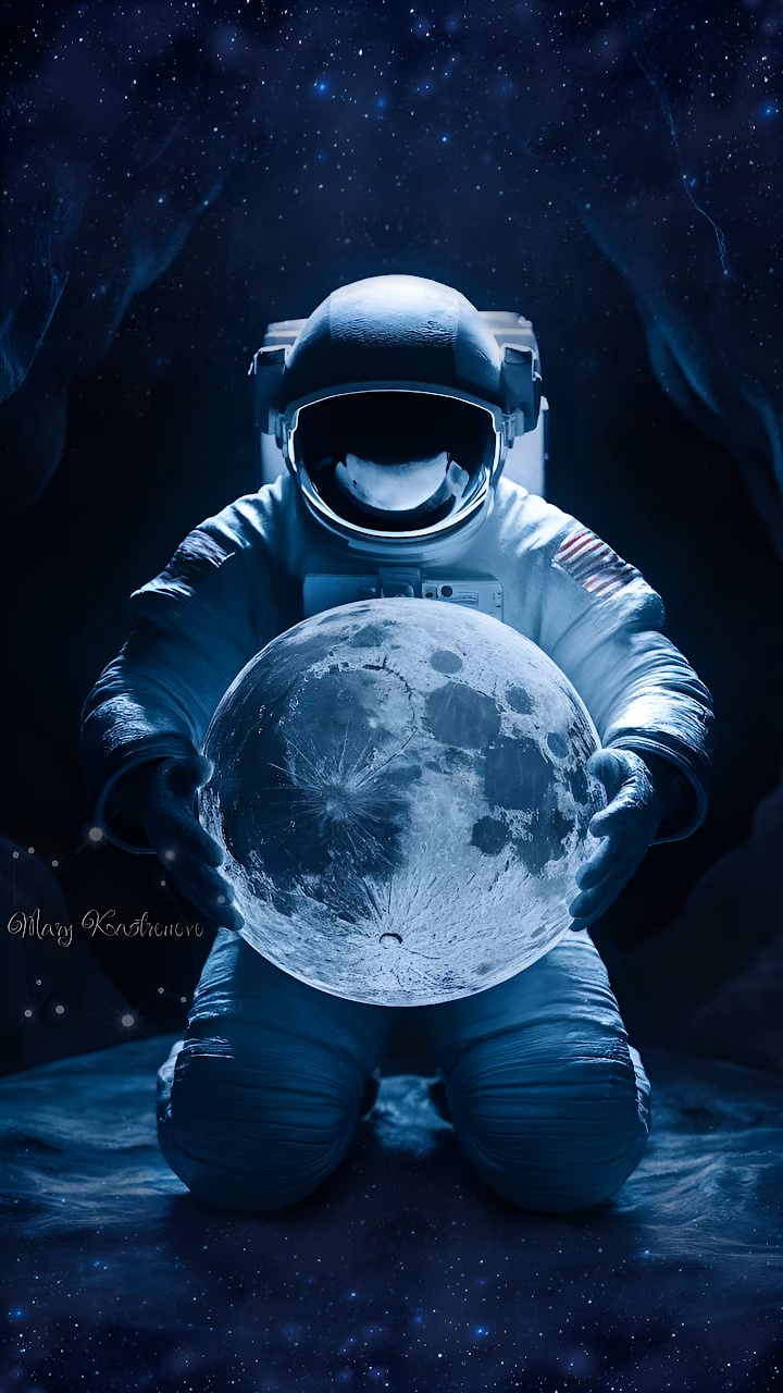Astronaut Kneeling with Moon in Cosmic Starry Space - Free Mobile AMOLED Wallpaper Background