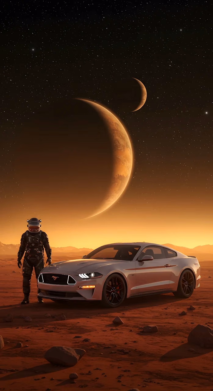Astronaut and Mustang on Mars Under Giant Red Planet - Free Mobile AMOLED Wallpaper Background
