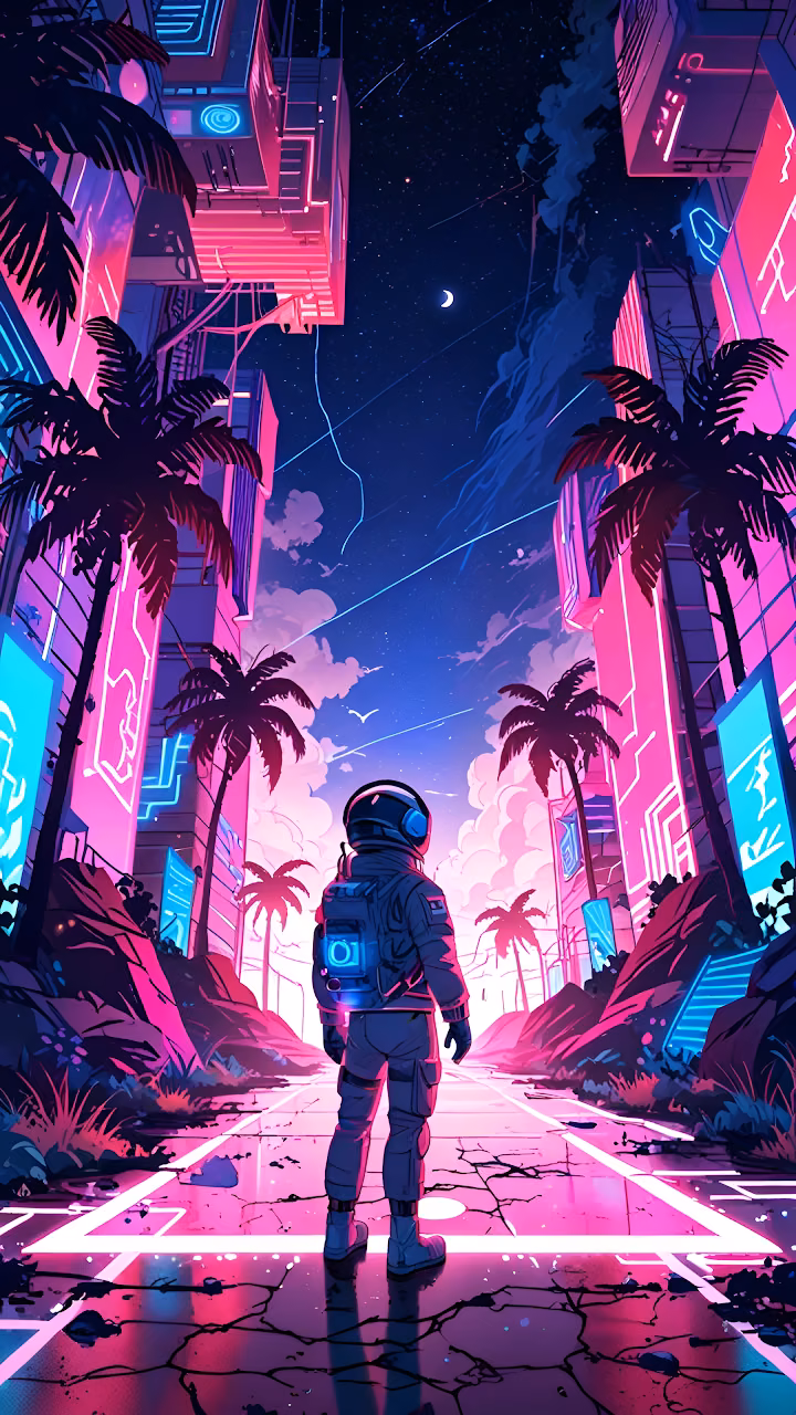 Astronaut Neon City Street Palm Trees Synthwave Art - Free Mobile AMOLED Wallpaper Background