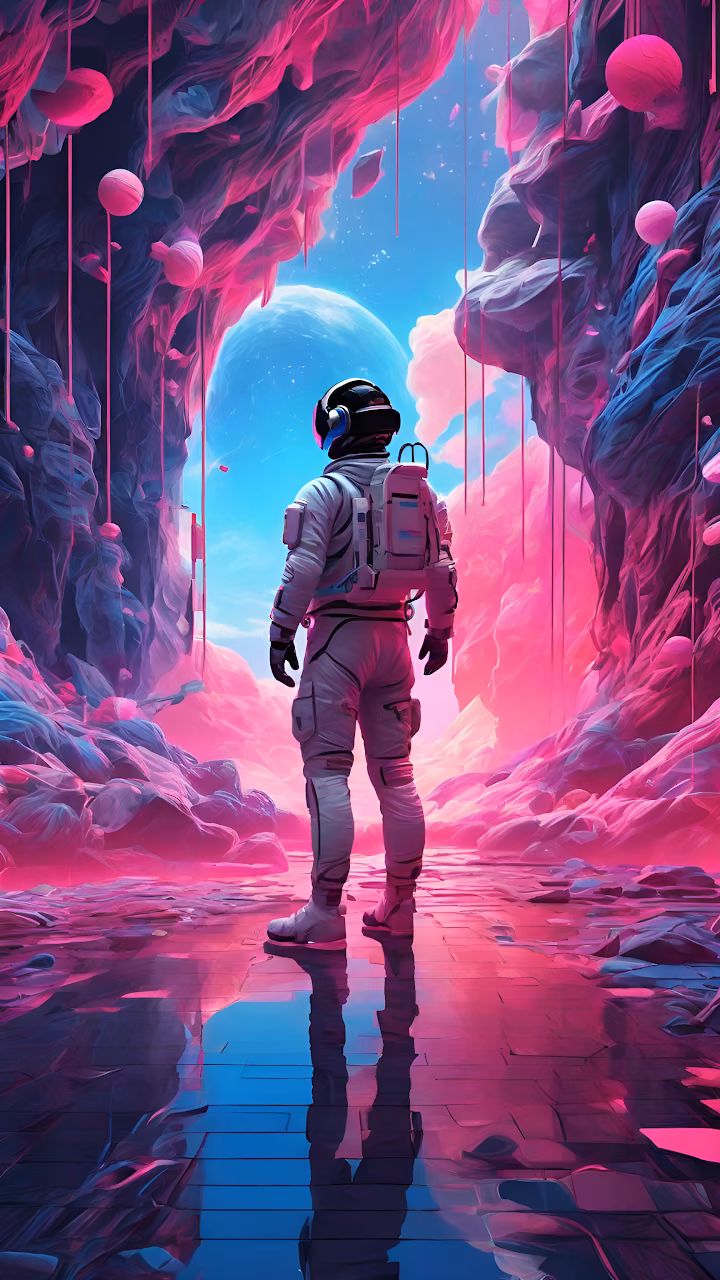 Download Astronaut on Neon Pink Alien Planet Looking at Blue World Wallpaper in Mobile HD Astronaut on Neon Pink Alien Planet Looking at Blue World - Free Mobile AMOLED Wallpaper Background