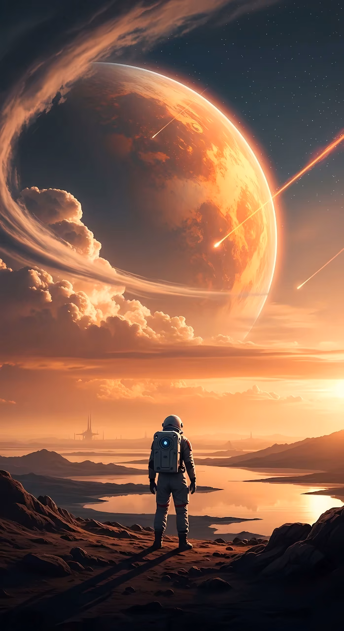 Download Astronaut Observing Massive Orange Planet at Sunset Wallpaper in Mobile HD Astronaut Observing Massive Orange Planet at Sunset - Free Mobile AMOLED Wallpaper Background