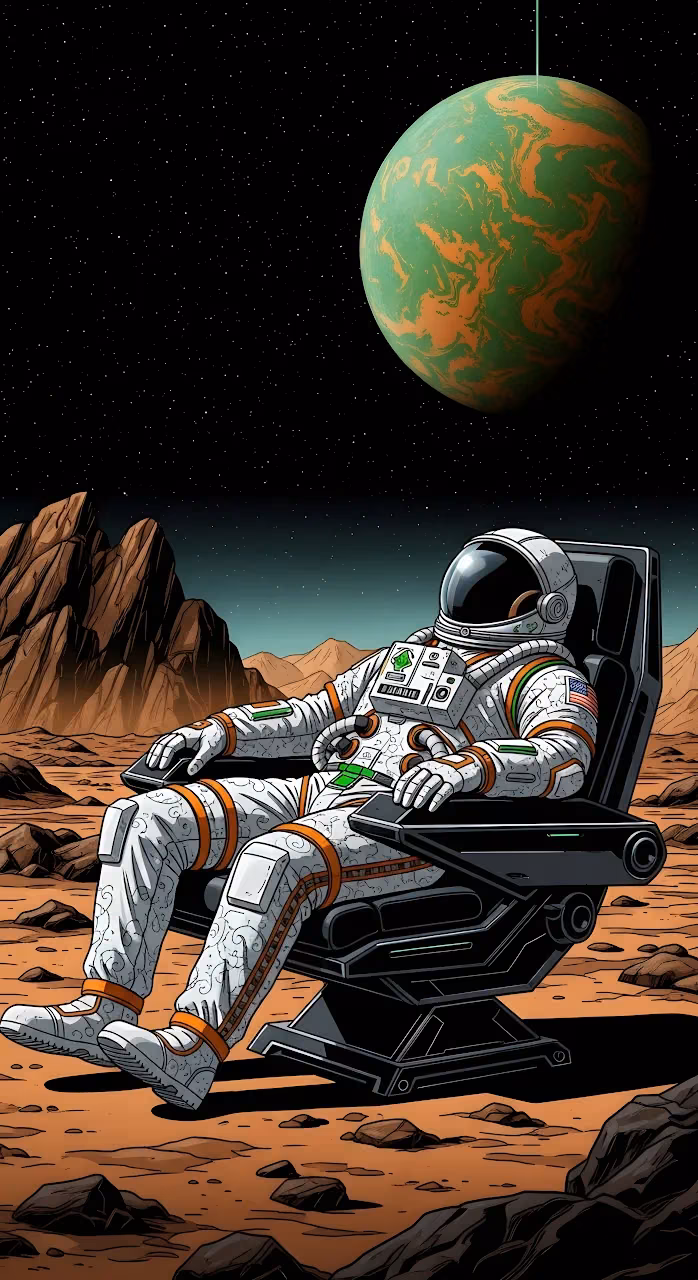 Astronaut Relaxing on Alien Planet Retro Sci-Fi Art - Free Mobile AMOLED Wallpaper Background