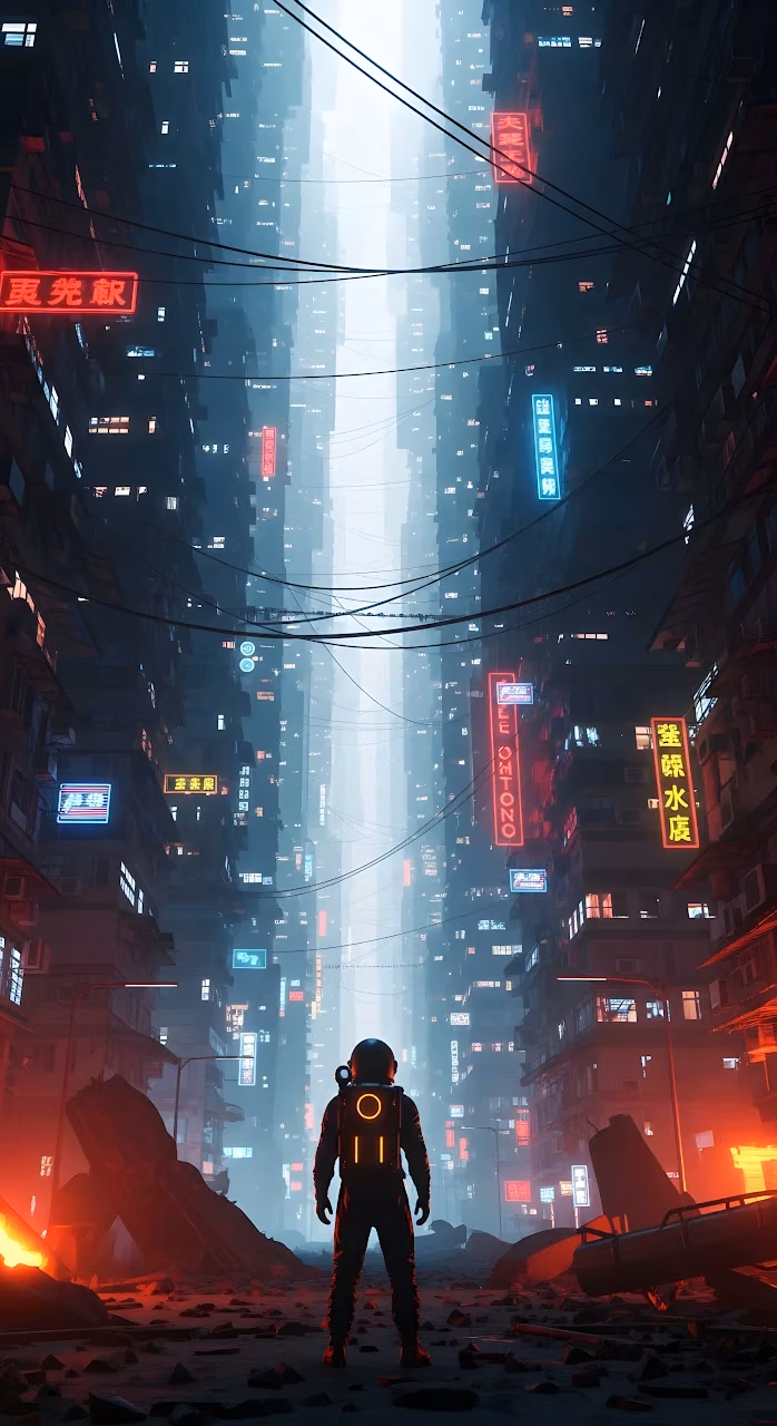 Astronaut in Ruined Neon Cyberpunk Cityscape Vertical Art - Free Mobile AMOLED Wallpaper Background