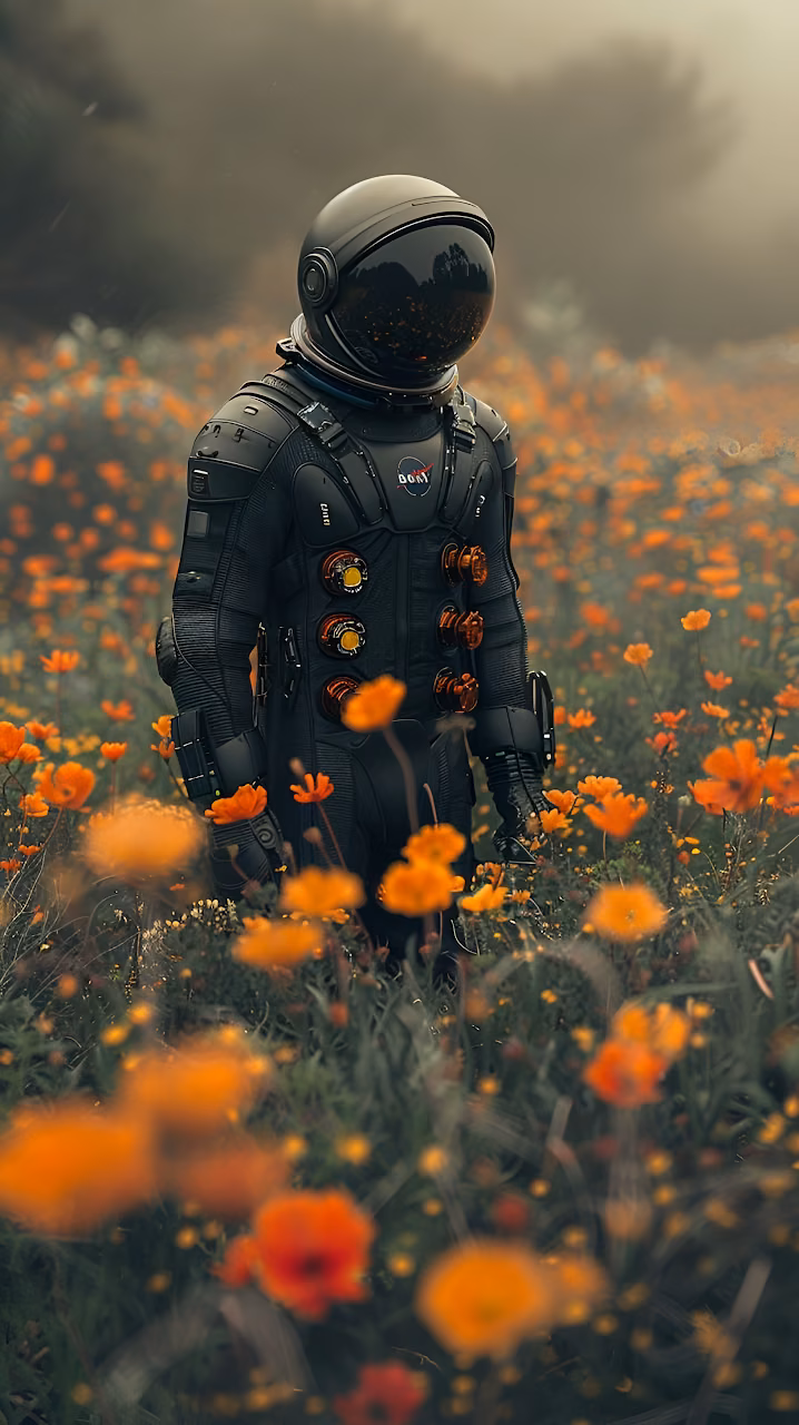Astronaut Standing Amidst a Field of Orange Wildflowers - Free Mobile AMOLED Wallpaper Background