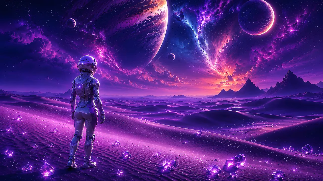Download Astronaut Purple Alien Planet 4K Wallpaper in 4K UHD Astronaut standing on a purple desert terrain with scattered crystals overlooking giant planets and a nebula.