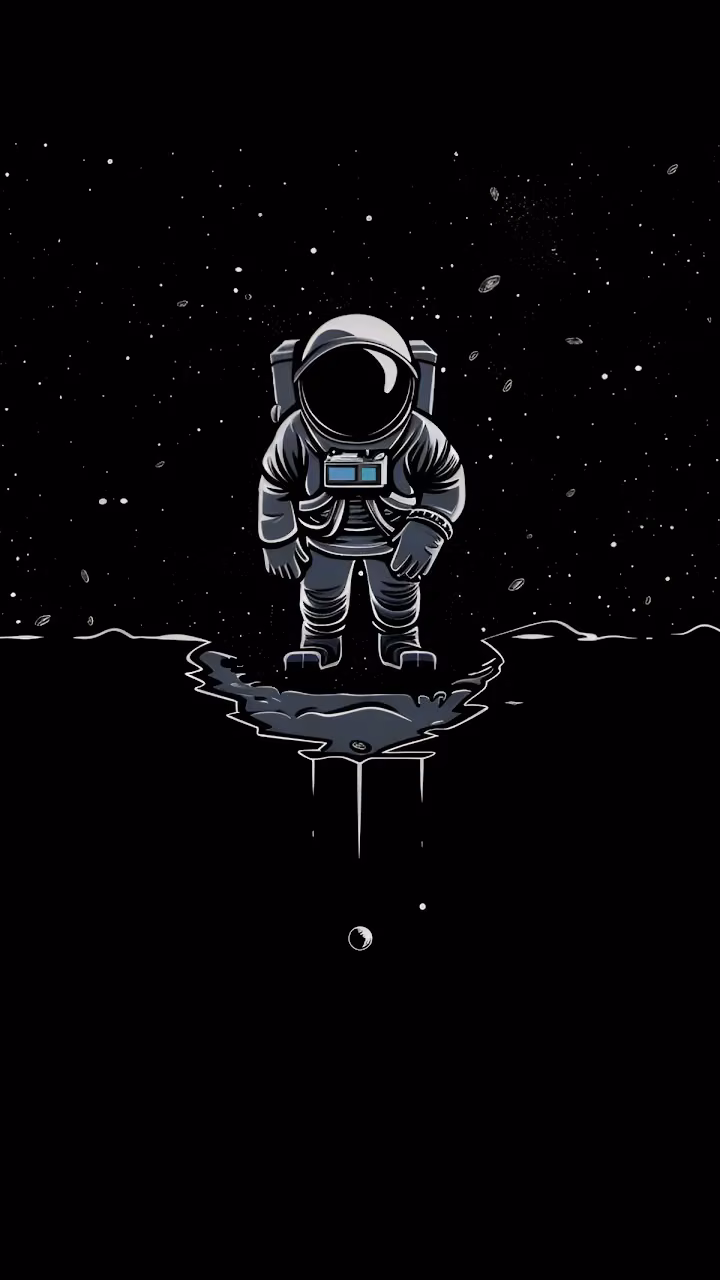 Astronaut stands on floating rock in starry void with reflection - Free Mobile AMOLED Wallpaper Background