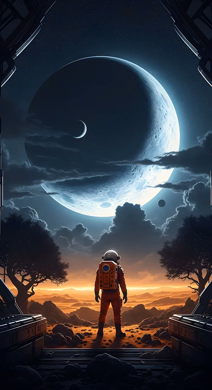 Astronaut Stares at Giant Moon on Alien World Exploration - Free Mobile AMOLED Wallpaper Background