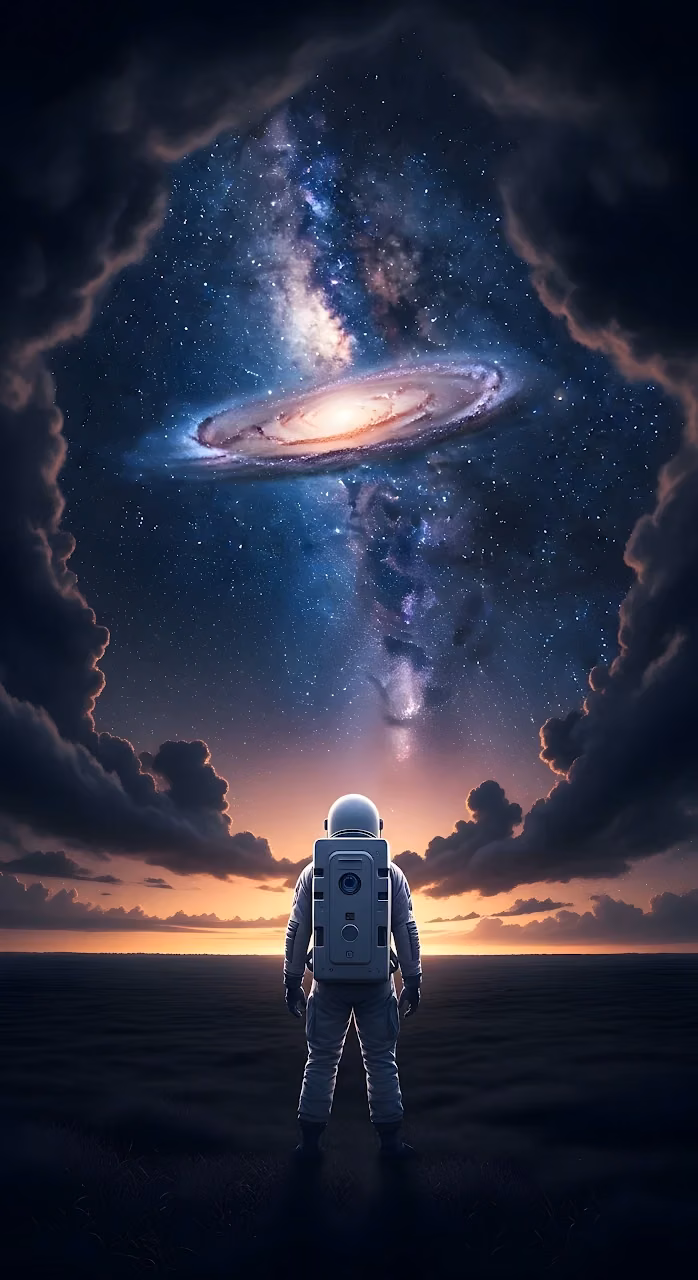 Astronaut Staring at Spiral Galaxy Above Dark Horizon - Free Mobile AMOLED Wallpaper Background