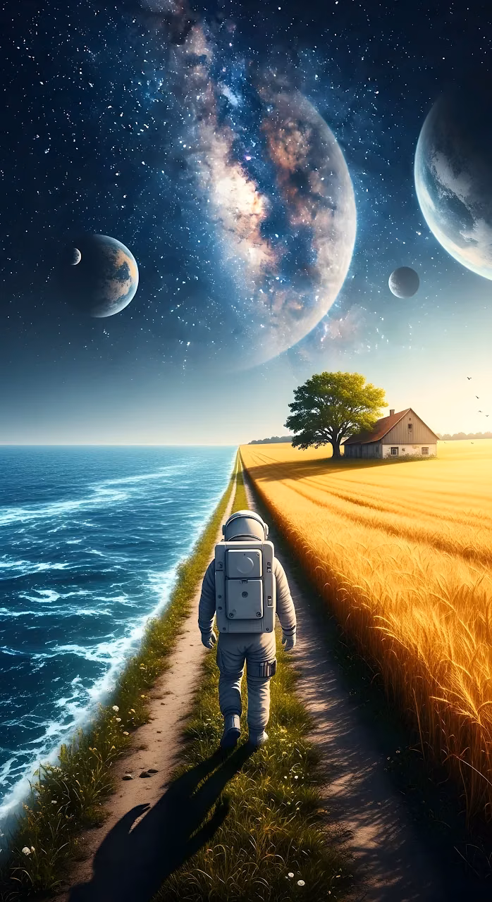Astronaut Walking Between Ocean and Wheat Field Under Galaxy - Free Mobile AMOLED Wallpaper Background